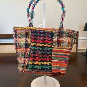 DIVA BAGS Colorful Multicolor Woven Tote with Beaded Handles